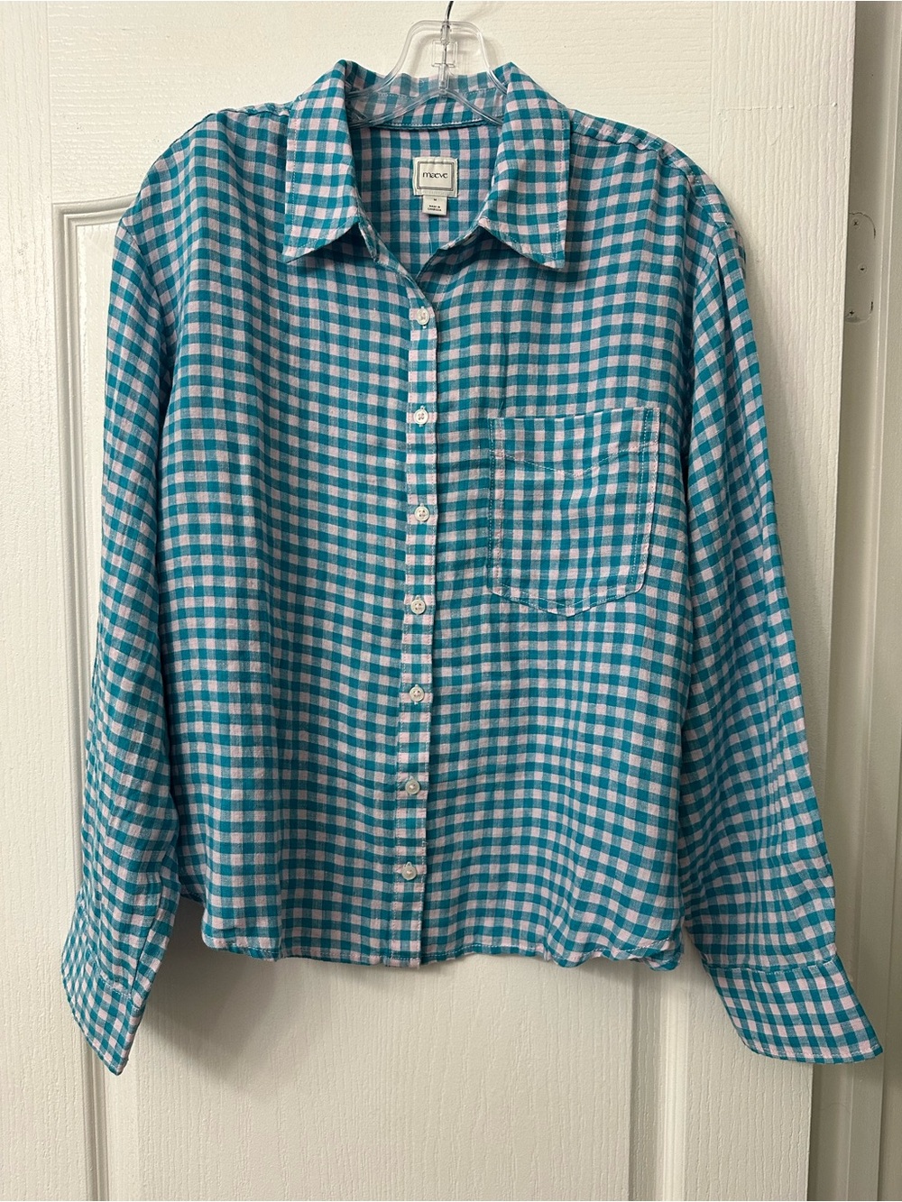 Maeve Linen Teal and White Gingham Button-Down Shirt Women - Picture 2 of 9